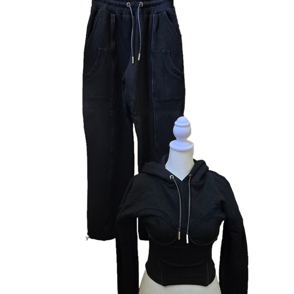 Maniere De Voir Black Jogger Pants and Corset Hoodie Set - Picture 1 of 9